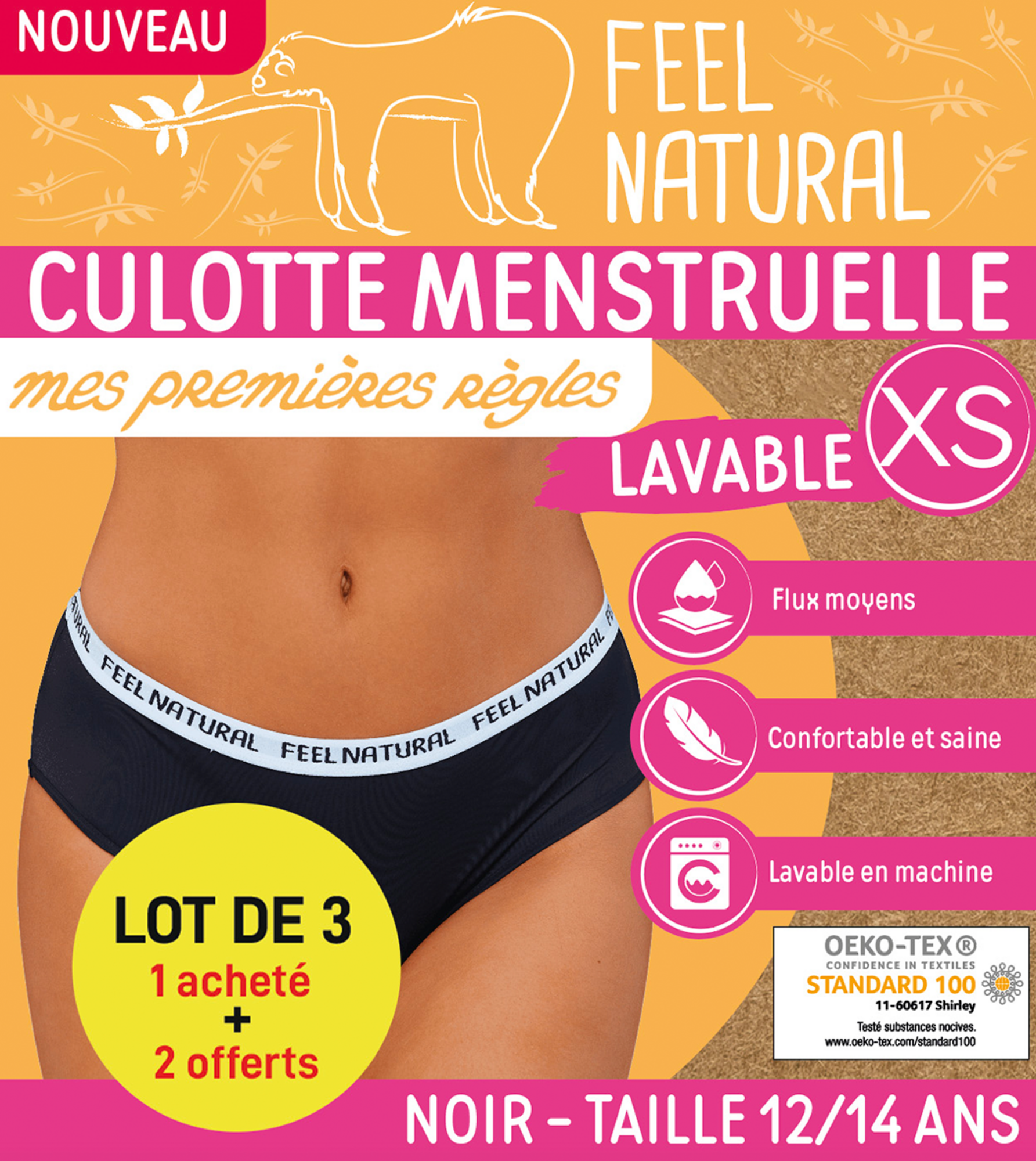 Culotte menstruelle lavable XL noir FEEL NATURAL : le lot de 3 à Prix  Carrefour