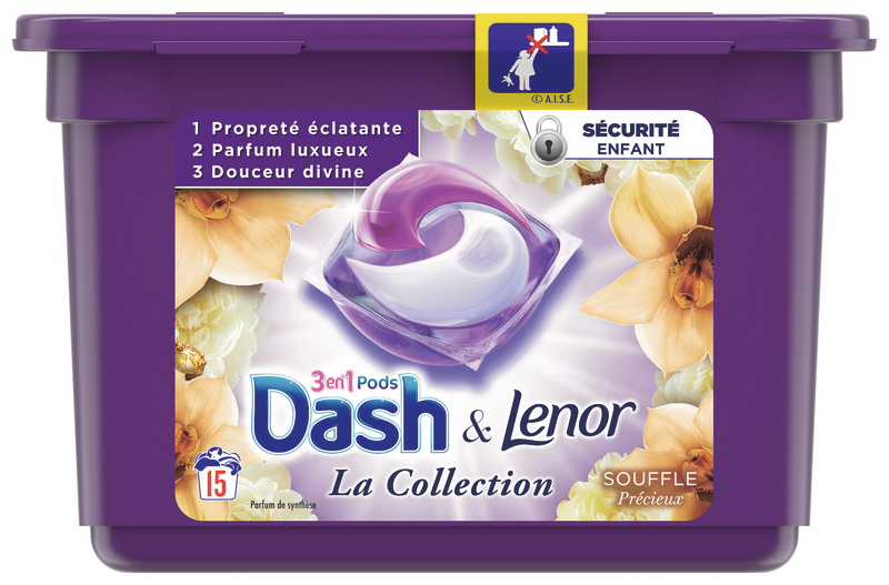 DASH  Lessive Capsules Tout en 1 souffle précieux et Lénor 3 en 1, la –  O'marchéFrançais